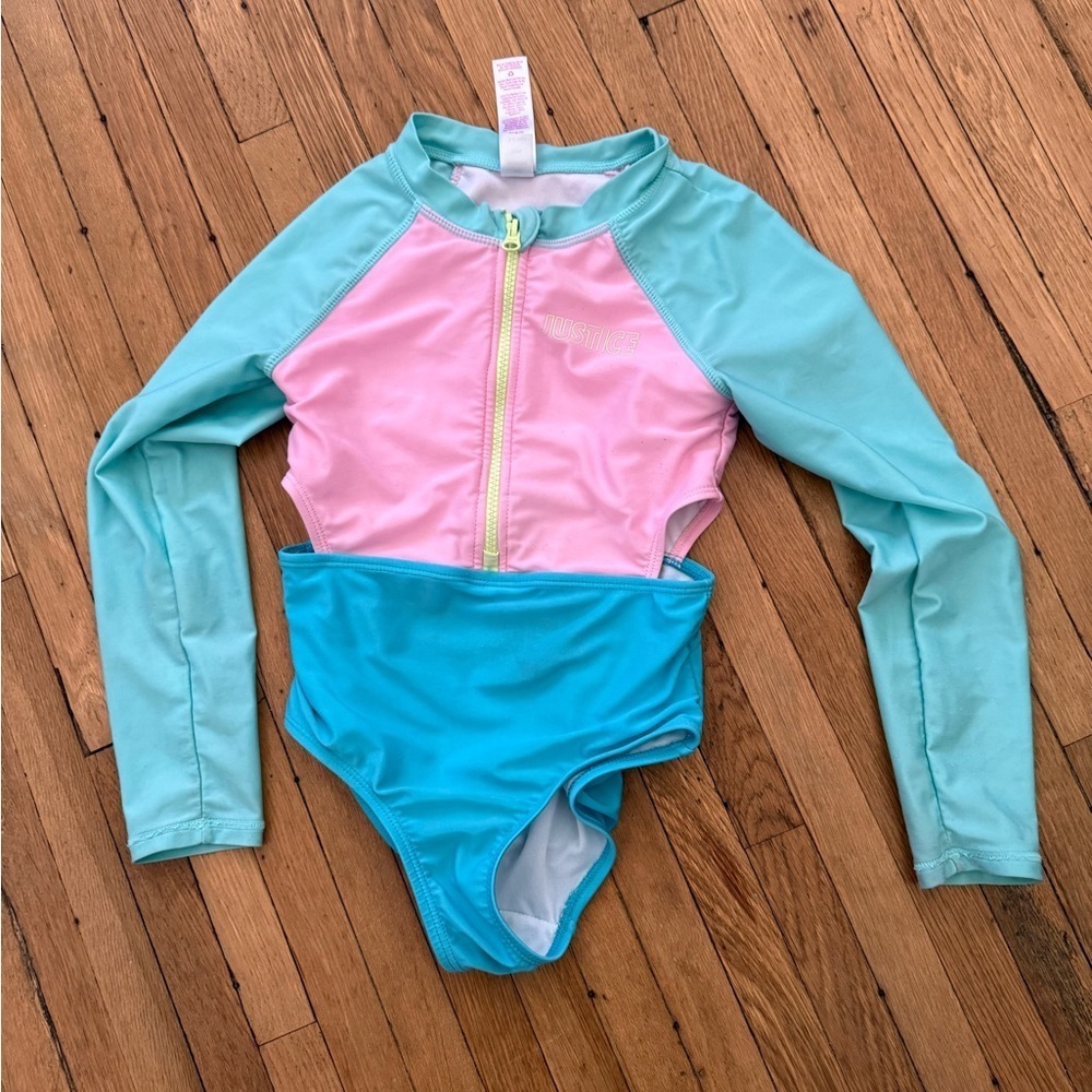 Justice Pink and Blue Kids Swim Set Rashguard One Piece Bathing Suit